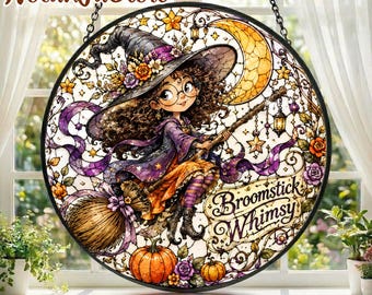 Witch Suncatcher, Halloween Window Decor, Stained Glass Witch Art, Witchy Home Decor, Broomstick , Halloween Gift, Magical Window Hanging