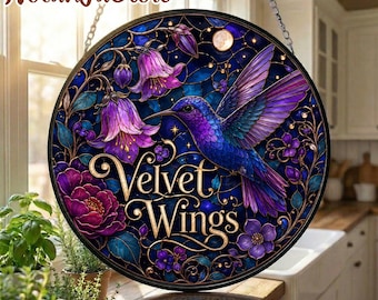 Hummingbird Suncatcher, Purple Floral Window Decor, Celestial Bird Home Decor, Fantasy Garden Gift, Hummingbird gift, Purple flower decor