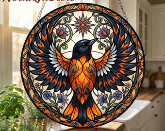 Baltimore Oriole Stained Glass Suncatcher, Maryland State Bird Window Hanging, Bird Lover Gift, Orange Black Bird Sun Catcher Decor