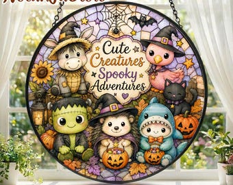 Halloween Suncatcher, Cute Spooky Window Decor, Kawaii Halloween Hanging, Witchy Animal Decor, Pumpkin Window Art, Halloween Gift
