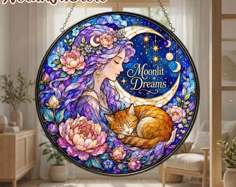 Moon Cat Suncatcher, Fantasy Window Decor, Celestial Cat Art, Gift for Cat Lover, Floral Moon Decor, Cat mom gift, witchy cat decor,Mystical