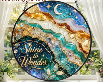 Celestial Suncatcher, Moon and Stars Window Decor, Boho Sun Catcher, Blue Gold Wall Hanging, Inspirational Gift, Dreamy Home Decor