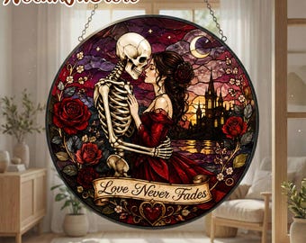 Gothic Skeleton Couple Suncatcher, Dark Romance Window Decor, Skeleton Love Gift, Gothic Halloween Decor, Red Rose Suncatcher, Romantic Gift