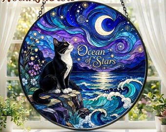 Black Cat Suncatcher, Ocean Moon Window Decor, Celestial Cat Art, Cat Lover Gift, Coastal Night Sky Hanging
