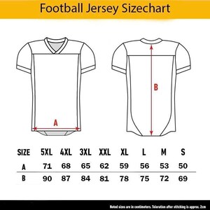 May include: A football jersey size chart with two jersey illustrations. The chart includes measurements A and B in centimeters for sizes S to 5XL. The text "Football Jersey Sizechart" is at the top. Toleration after stitching is approx. 2cm.
