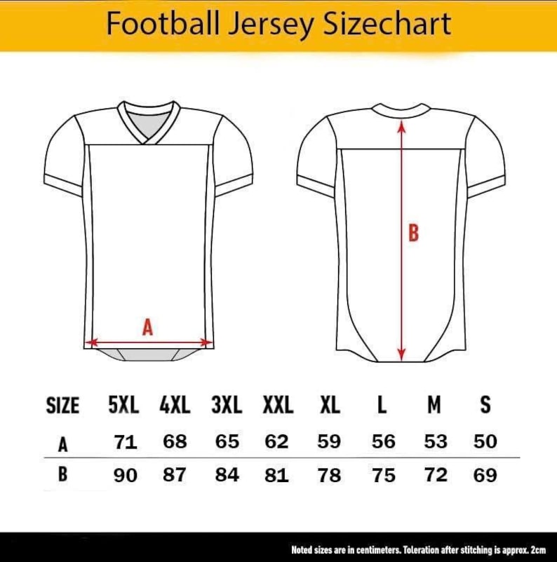 May include: A football jersey size chart with two jersey illustrations. The chart includes measurements A and B in centimeters for sizes S to 5XL. The text "Football Jersey Sizechart" is at the top. Toleration after stitching is approx. 2cm.
