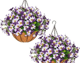 2 cestas colgantes con plantas artificiales de pensamientos, perfectas para la decoración exterior de verano, hechas de material de seda realista y resistentes a los rayos UV.