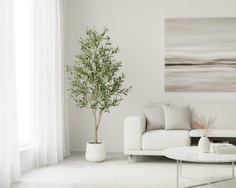 Olivo artificial alto de 5/6/7/8 pies, planta en maceta con tronco de madera natural, árbol artificial con frutos realistas para la decoración del hogar y la oficina.