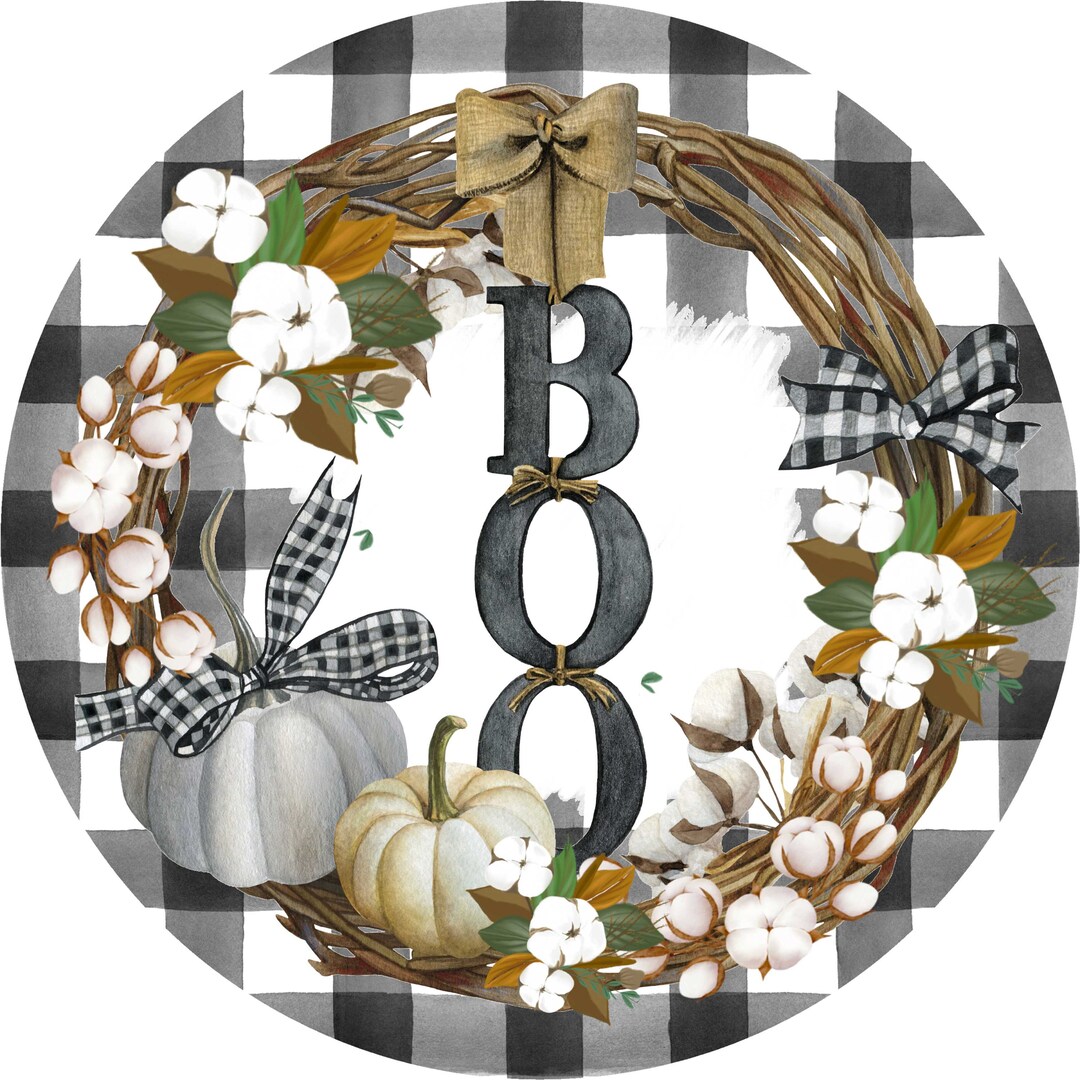 Rustic Boo Sign Rustic Halloween 'boo' Wreath Sign With Cotton Blooms, Pumpkins, and ...