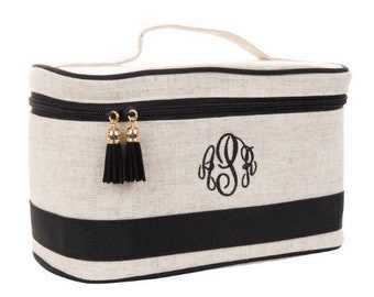 Linen Train Case Cosmetic Bag, Personalized Christmas Gift, Gift for Her