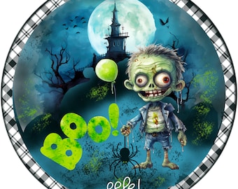 May include: A round, black and white checkered background with a blue, green, and black illustration of a zombie holding a spider and a green balloon. The text "Boo! eek!" is written in green and black.