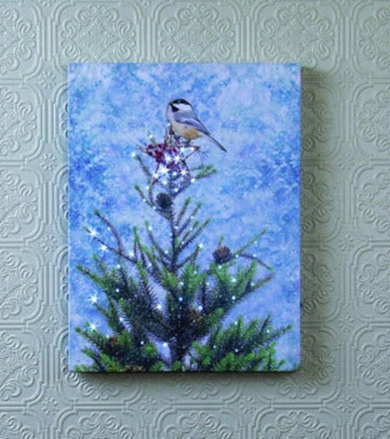 Lighted Chickadee Canvas W/timer, Christmas Mantle or Wall Art, Holiday