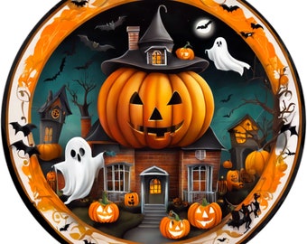 Haunted Pumpkin House Halloween Wreath Sign - Spooky Ghosts & Bats, Witch Hat Jack-O'-Lantern, Metal Round Door Decor