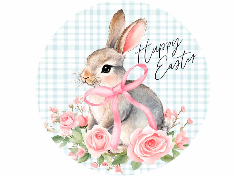 May include: A watercolour illustration of a grey bunny with a pink ribbon and flowers on a blue and white gingham background. The text "Happy Easter" is written in black cursive.