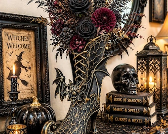 Gothic Witch Boot Vase with Bat Wings — Hand-Painted Halloween Vase Container