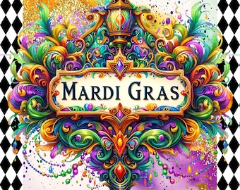 Puede incluir: Un cartel de Mardi Gras colorido con detalles ornamentados en oro, morado y verde. El cartel está rodeado de cuentas y purpurina.