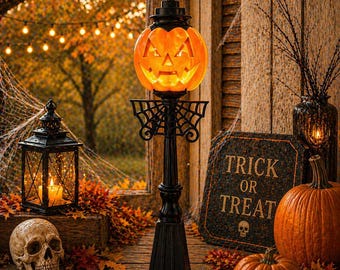 Jack-O-Lantern Pumpkin Lamp Post with Spider Web Accent | Light-Up Halloween Decor