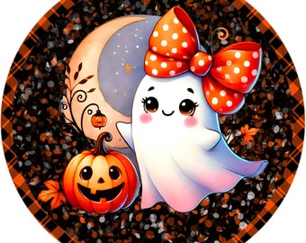 Adorable Ghost with Pumpkin Round Wreath Sign - Cute Halloween Decor - Spooky Season Decoration