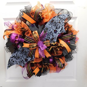 Halloween Bat Deco Mesh Wreath with Purple and Orange Bows - Spooky Door Decor