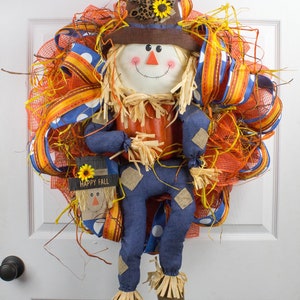 Happy Fall Scarecrow Wreath with Orange and Blue Deco Mesh - Autumn Door Decor