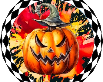Halloween Pumpkin Wreath Sign – Spooky Jack-o'-Lantern Round Door Decor – 10" or 11.75