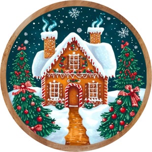 Gingerbread House Christmas Wreath Sign with Rustic Wood Border - Festive Holiday Decor