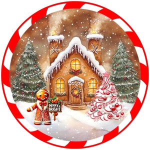 Gingerbread House Christmas Wreath Sign with Candy Cane Border - Festive Holiday Decor