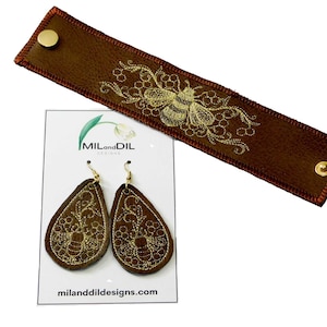 What&#39;s the Buzz Leather Earrings and Cuff Set. Embroidered Faux Leather Bracelet and Earrings, Gifts for Her