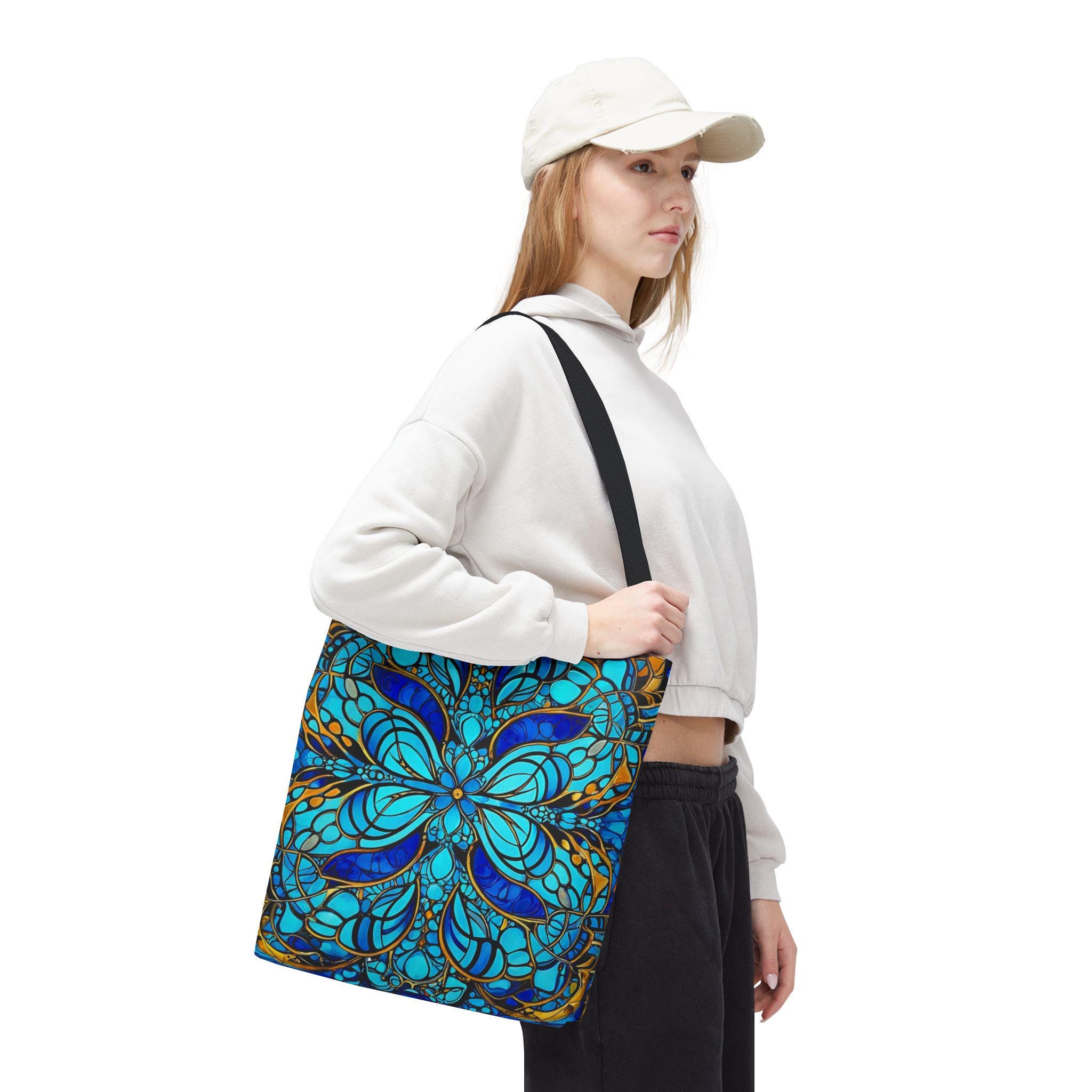 Blue Floral Mandala Tote Bag | Boho Pattern, All-Over Print