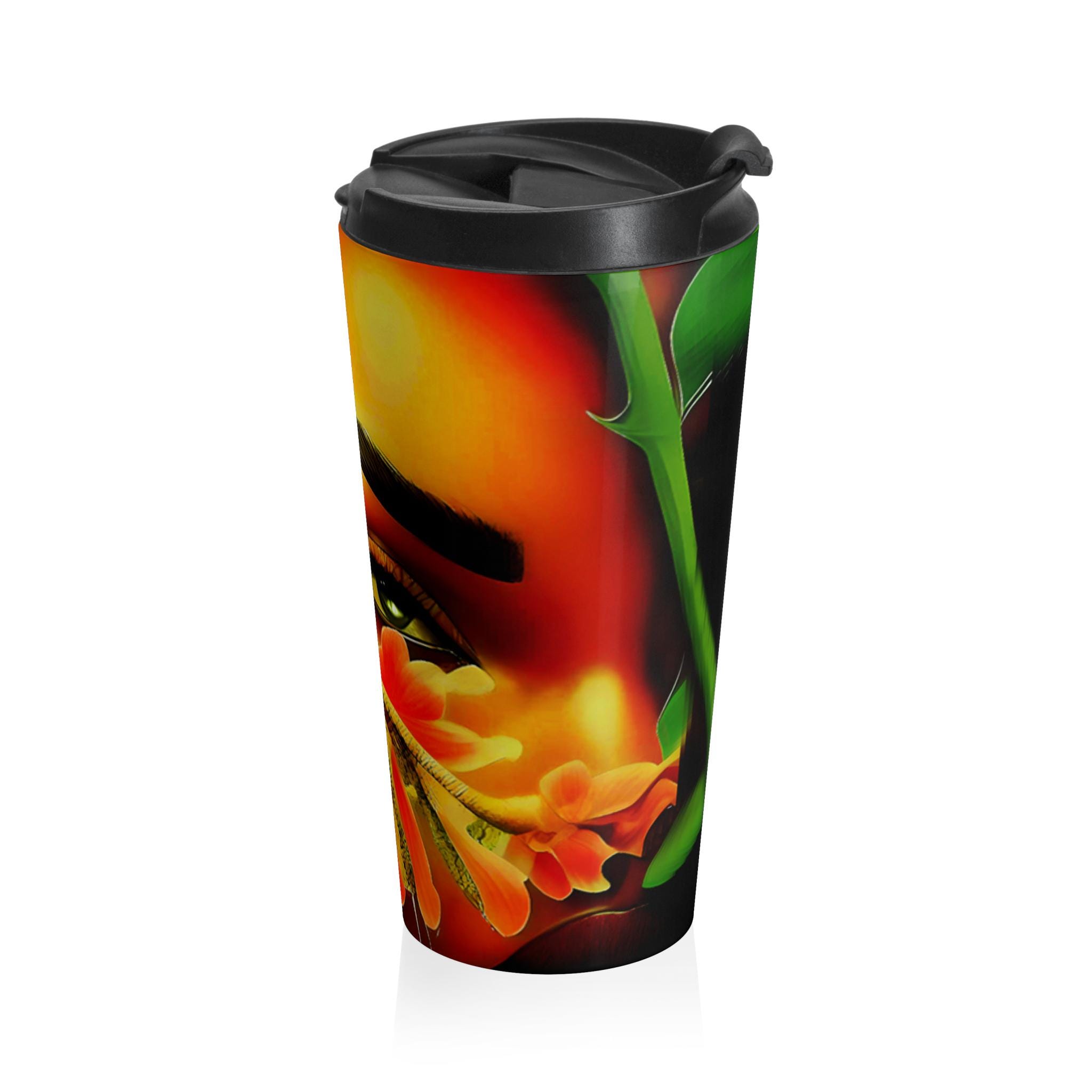 Surreal Sunflower Face Stainless Steel Travel Mug | Floral Portrait, Bright Orange Green