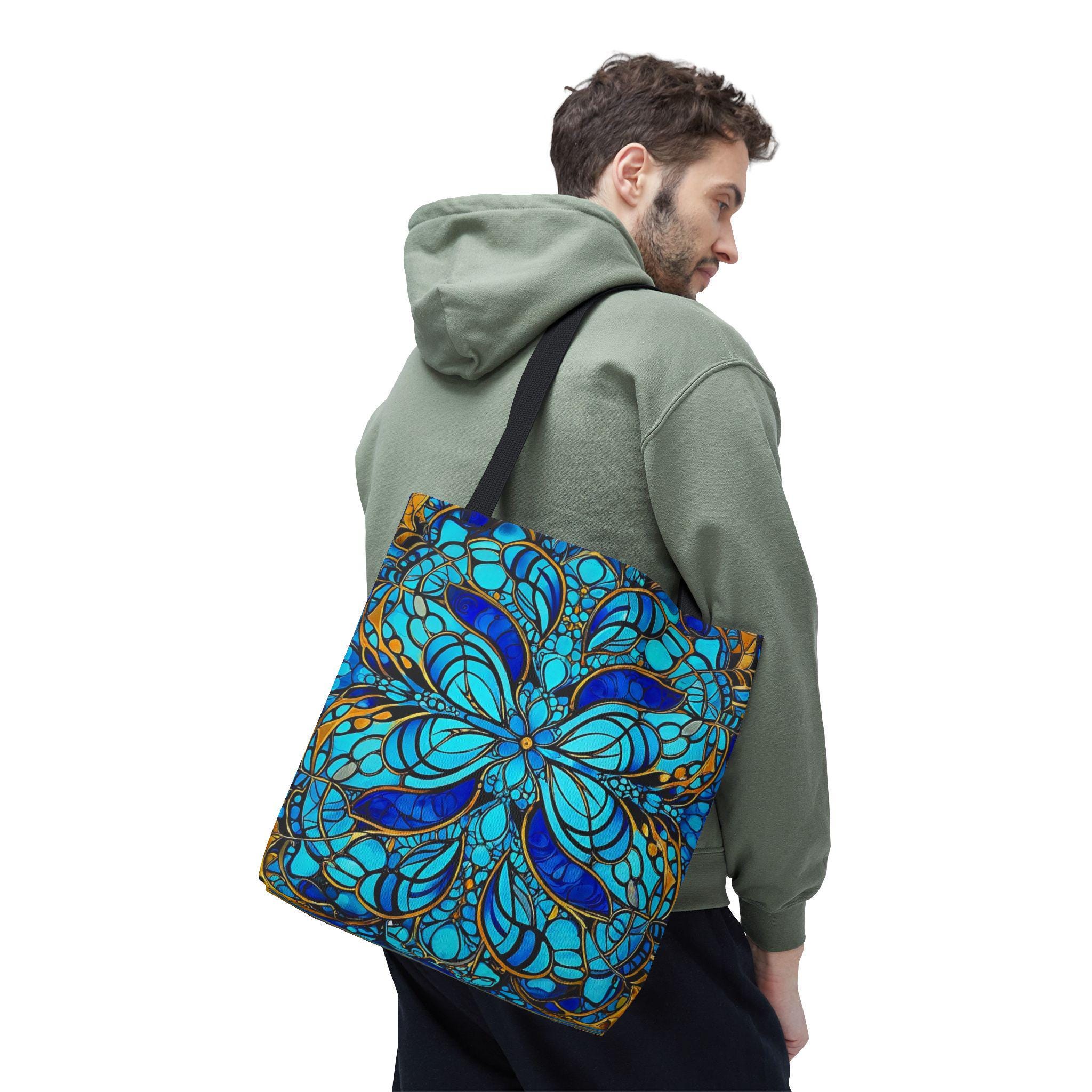 Blue Floral Mandala Tote Bag | Boho Pattern, All-Over Print