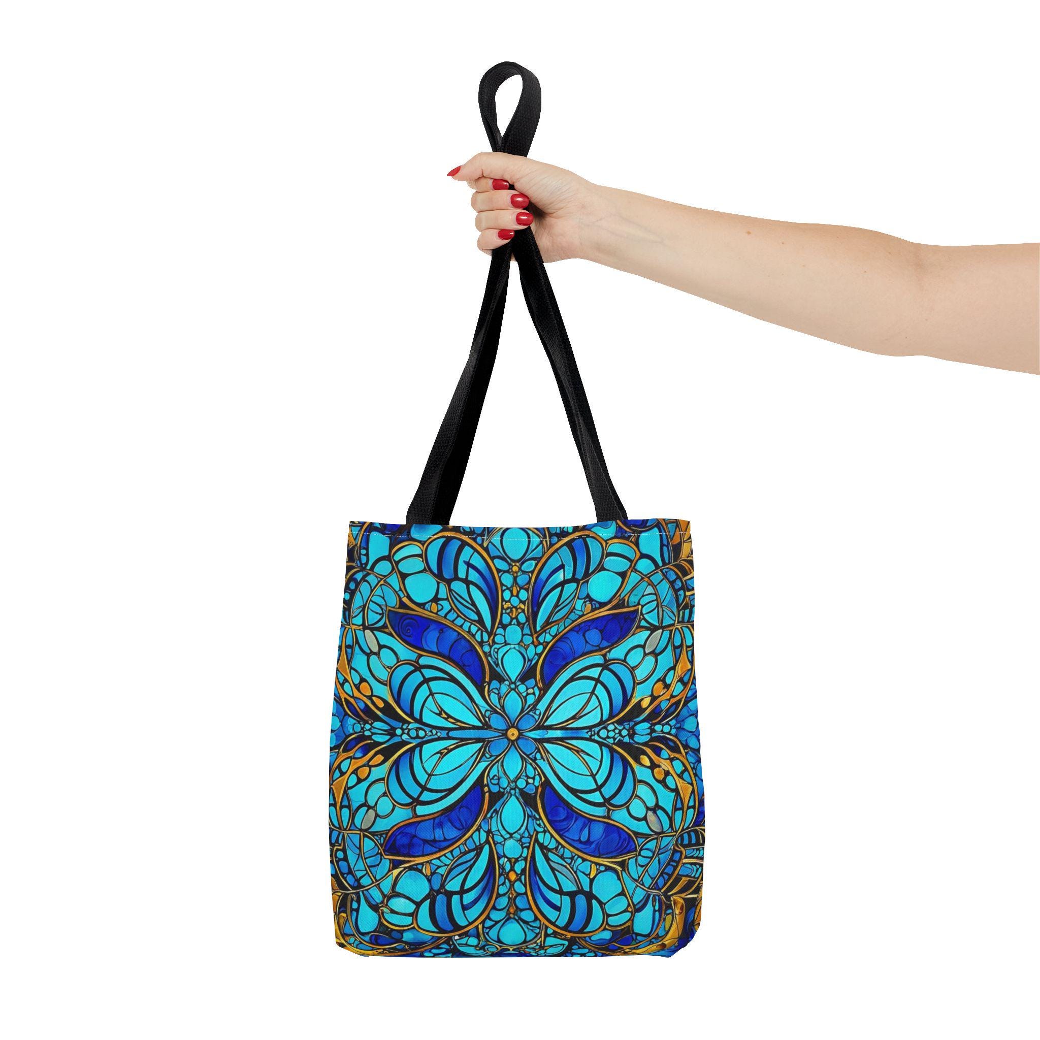 Blue Floral Mandala Tote Bag | Boho Pattern, All-Over Print