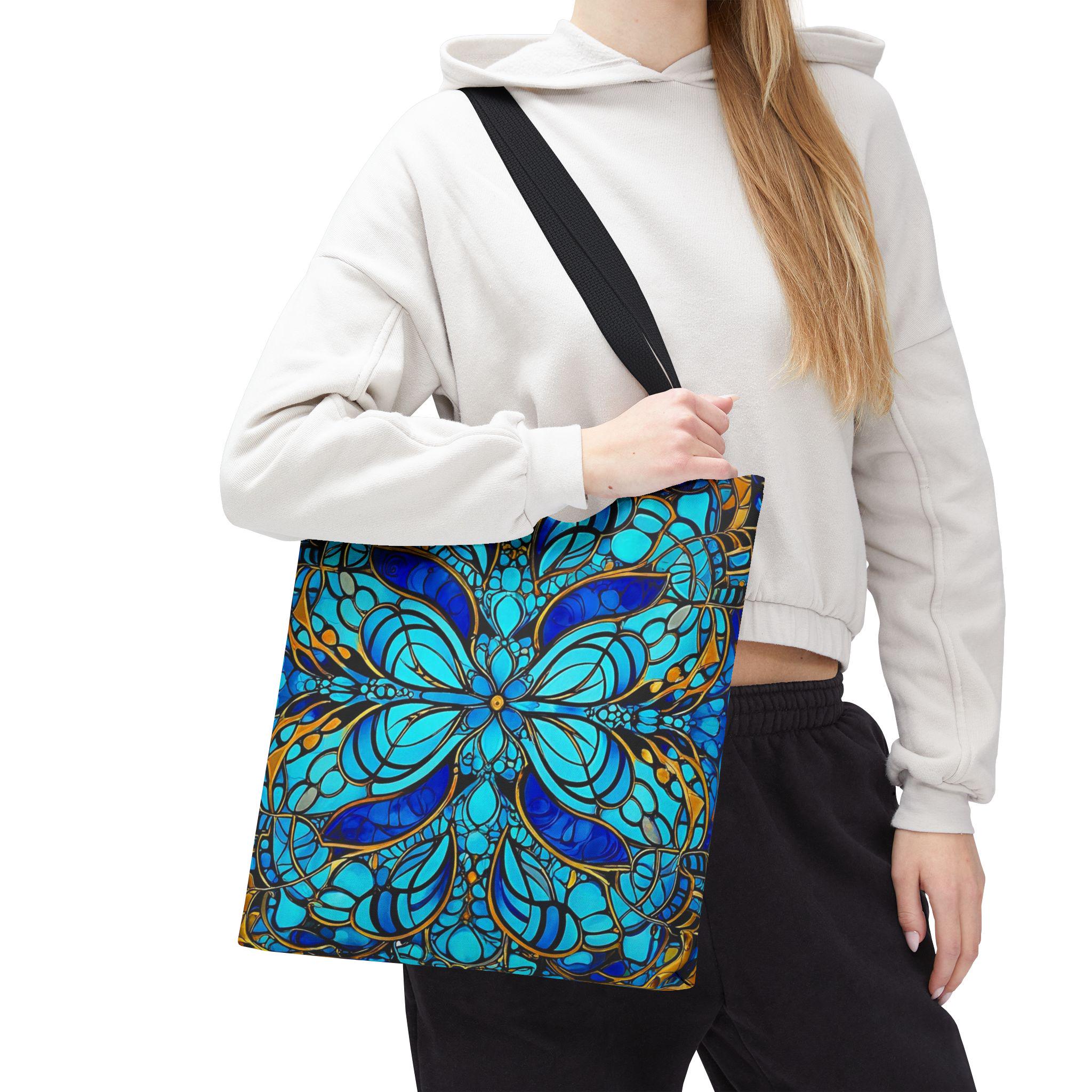 Blue Floral Mandala Tote Bag | Boho Pattern, All-Over Print