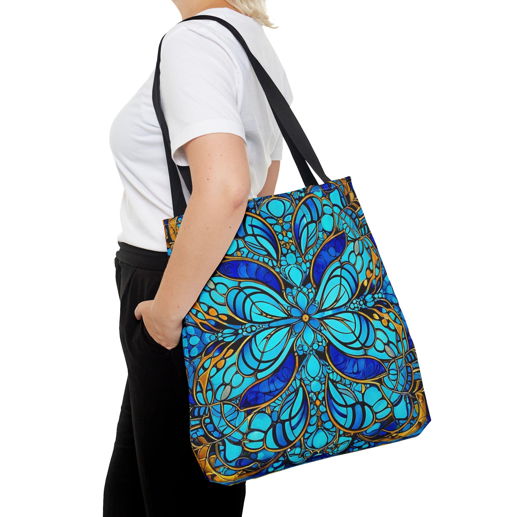 Blue Floral Mandala Tote Bag | Boho Pattern, All-Over Print
