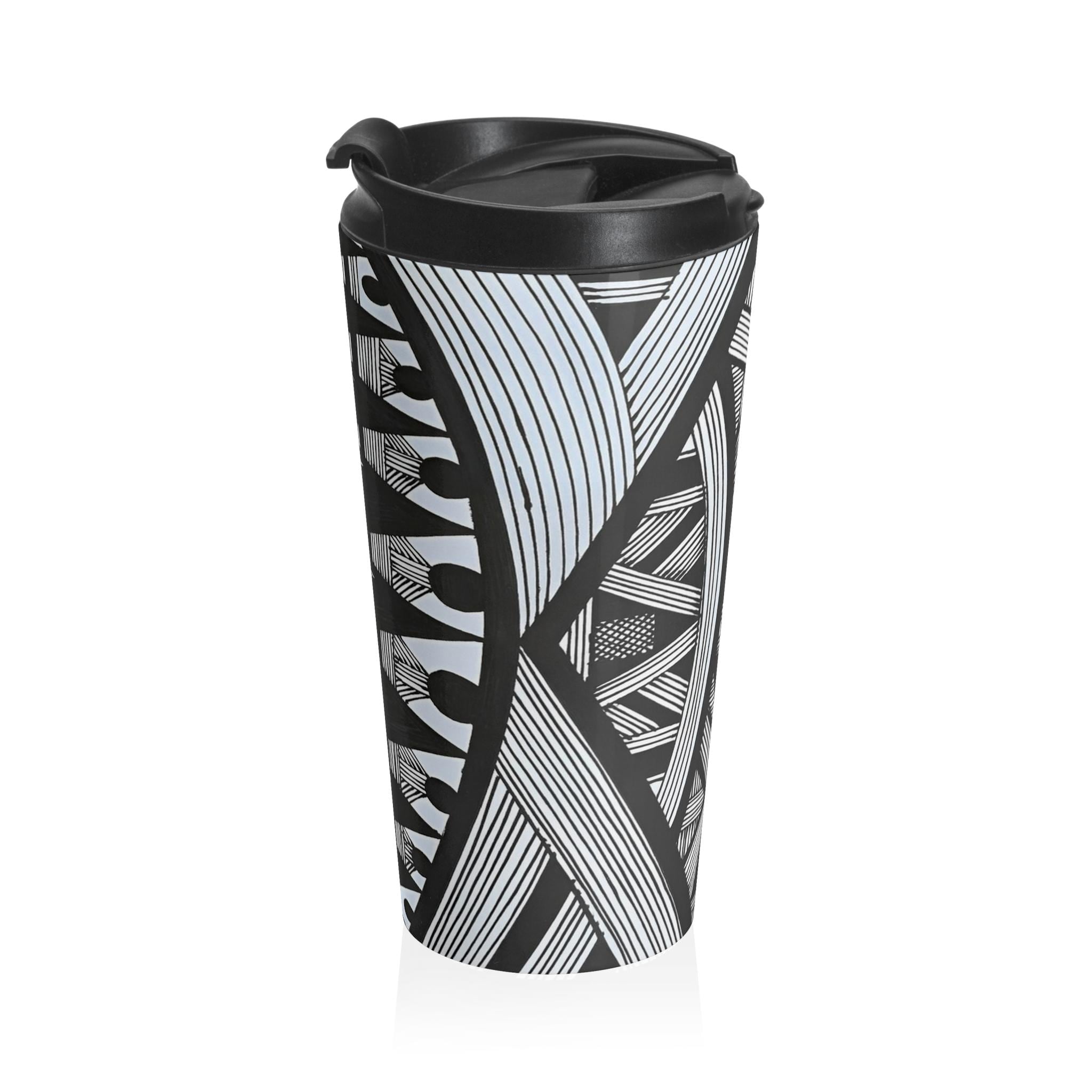 Monochrome Geometric Tribal Pattern Travel Mug | Black White Stainless Steel
