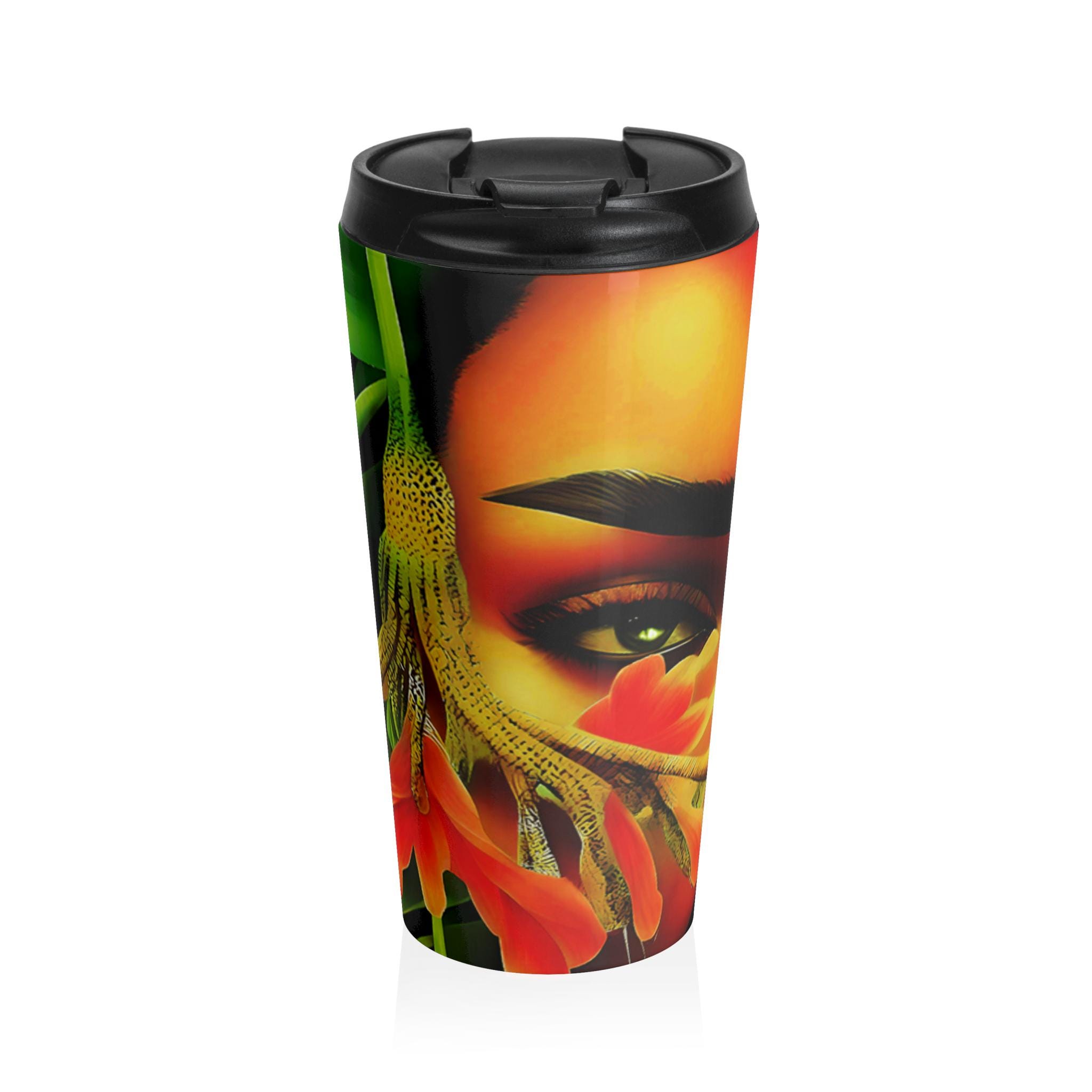 Surreal Sunflower Face Stainless Steel Travel Mug | Floral Portrait, Bright Orange Green