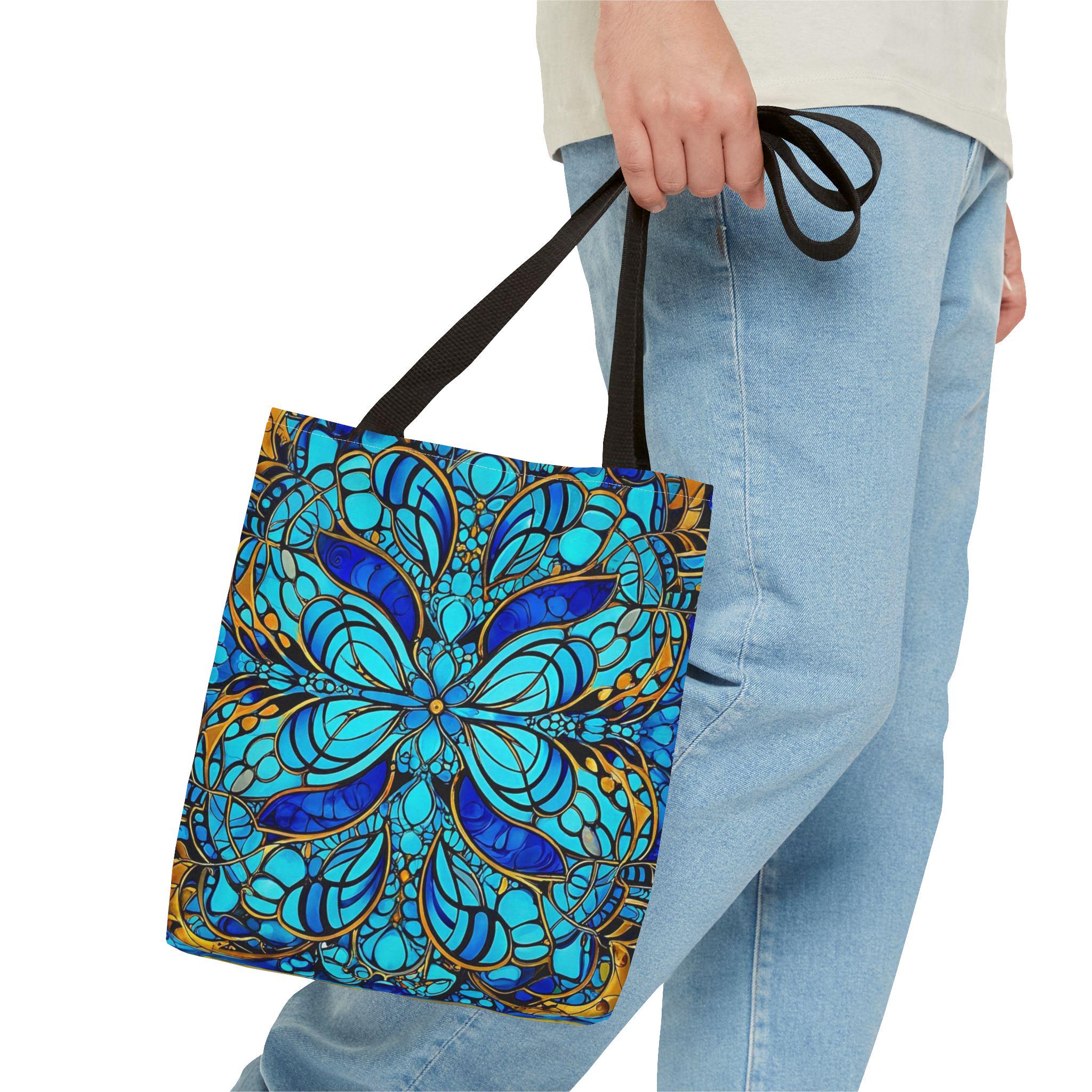 Blue Floral Mandala Tote Bag | Boho Pattern, All-Over Print