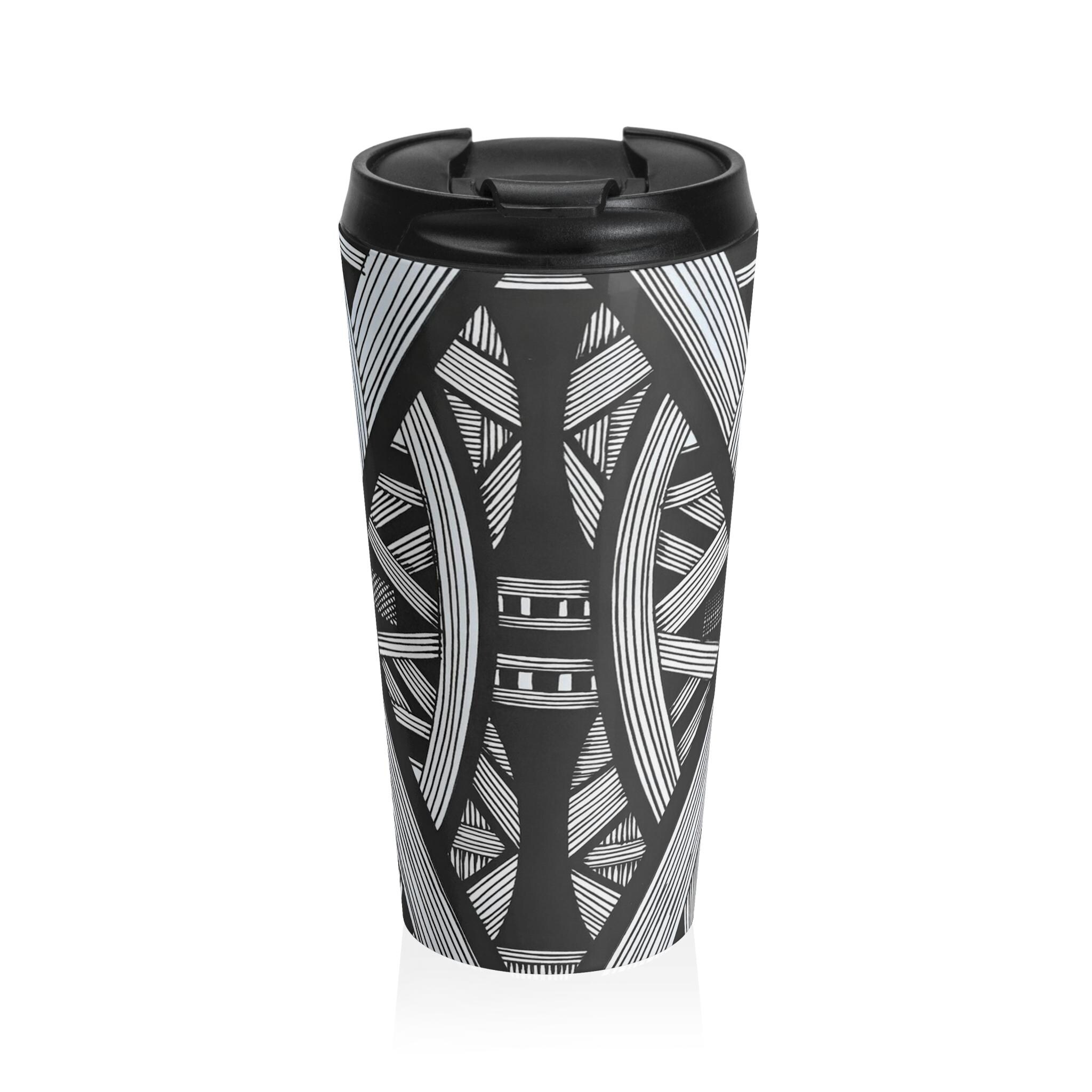 Monochrome Geometric Tribal Pattern Travel Mug | Black White Stainless Steel