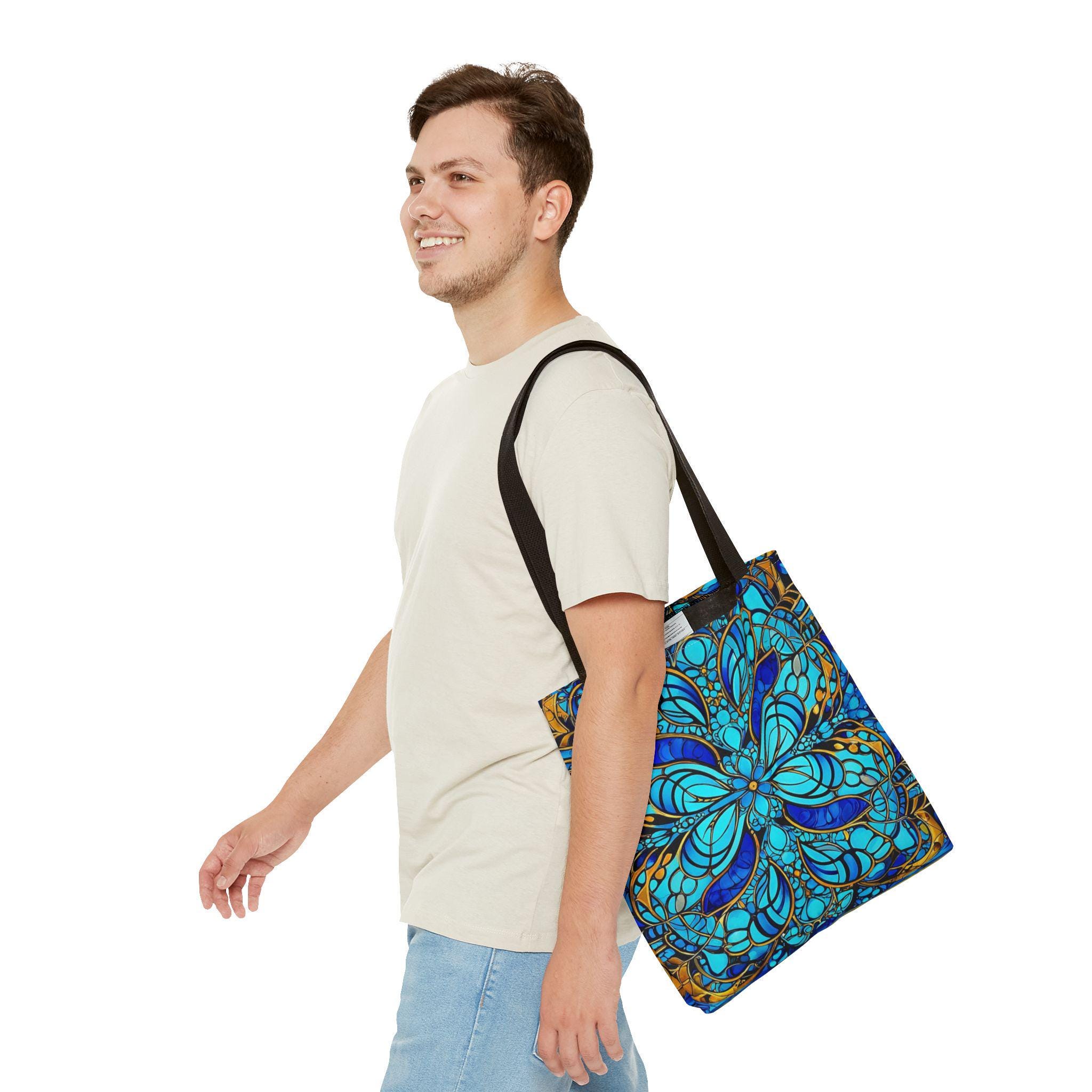 Blue Floral Mandala Tote Bag | Boho Pattern, All-Over Print