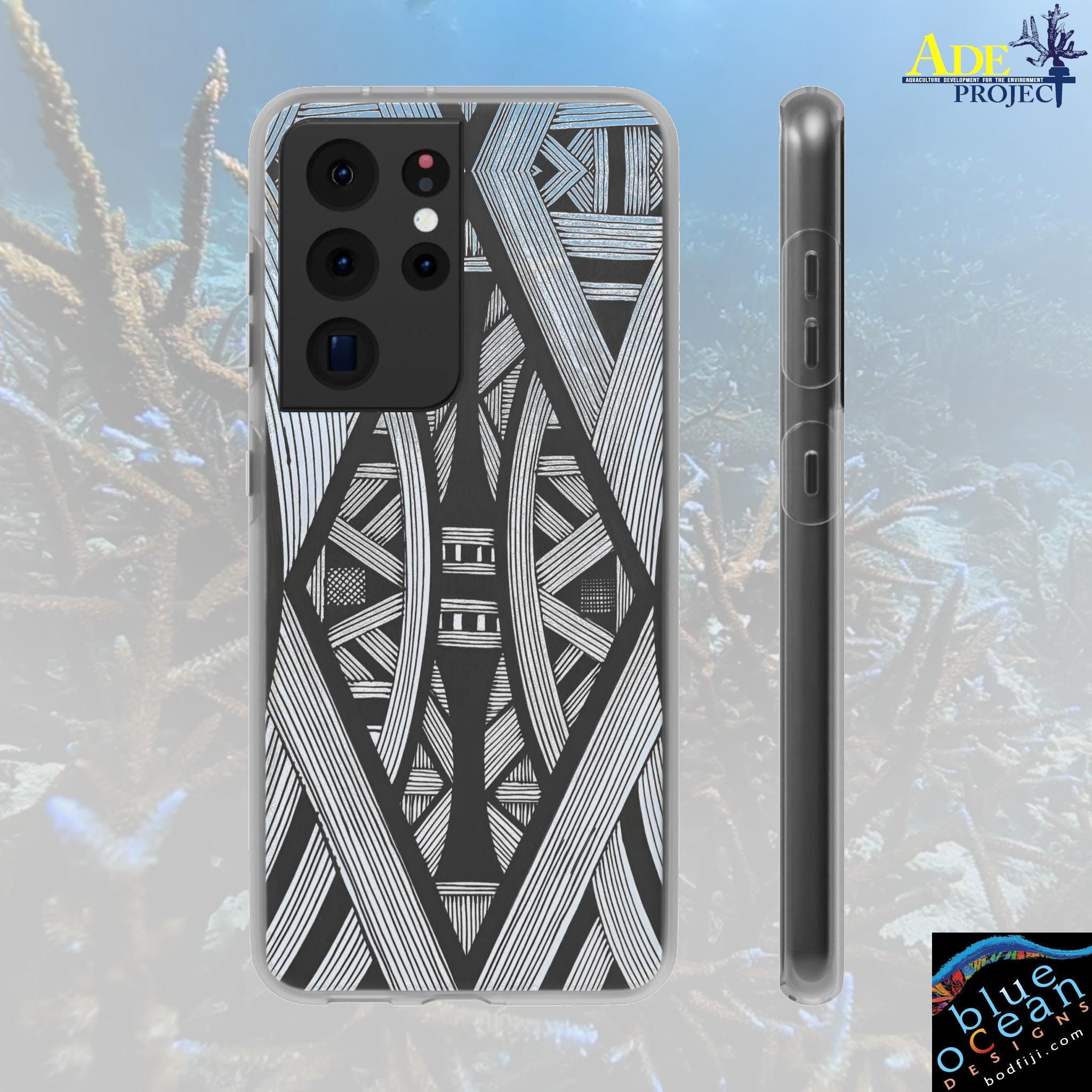 Black & White Tribal Lines Android Flexi Case - Walt Smith Fiji Ocean Art - Supports ADE Reef Restoration