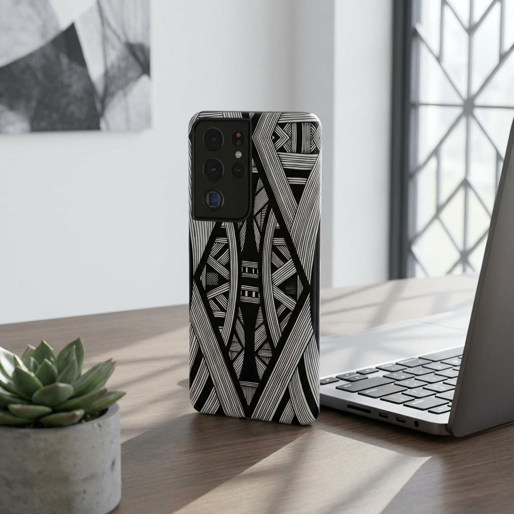 Black & White Tribal Lines Android Flexi Case - Walt Smith Fiji Ocean Art - Supports ADE Reef Restoration