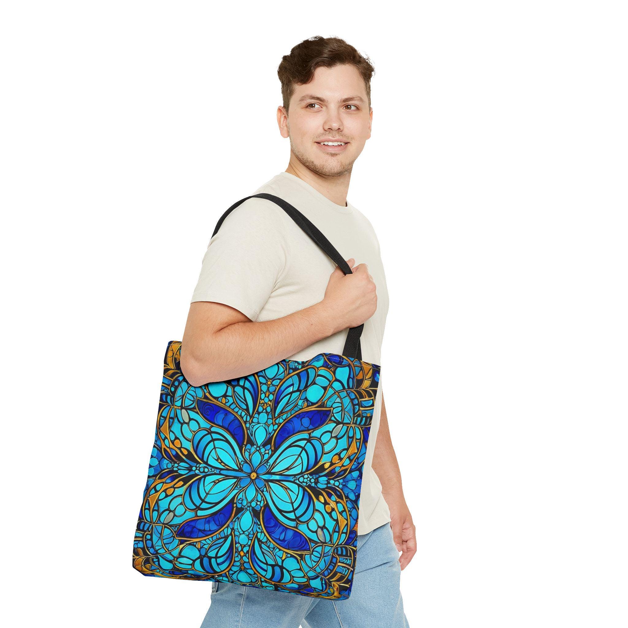 Blue Floral Mandala Tote Bag | Boho Pattern, All-Over Print