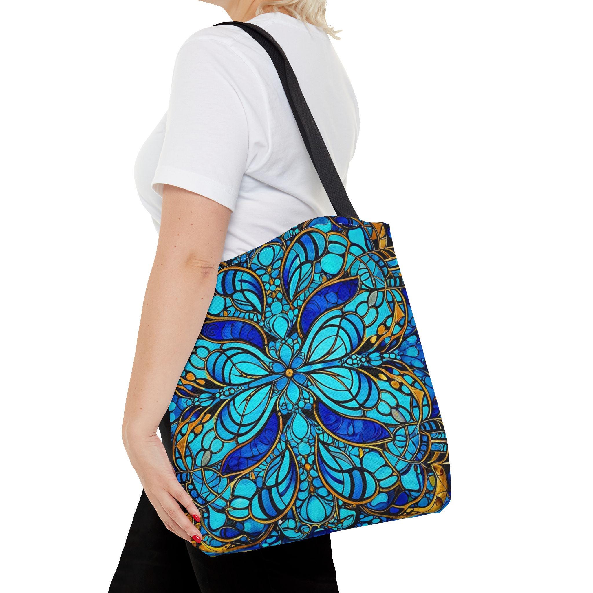 Blue Floral Mandala Tote Bag | Boho Pattern, All-Over Print