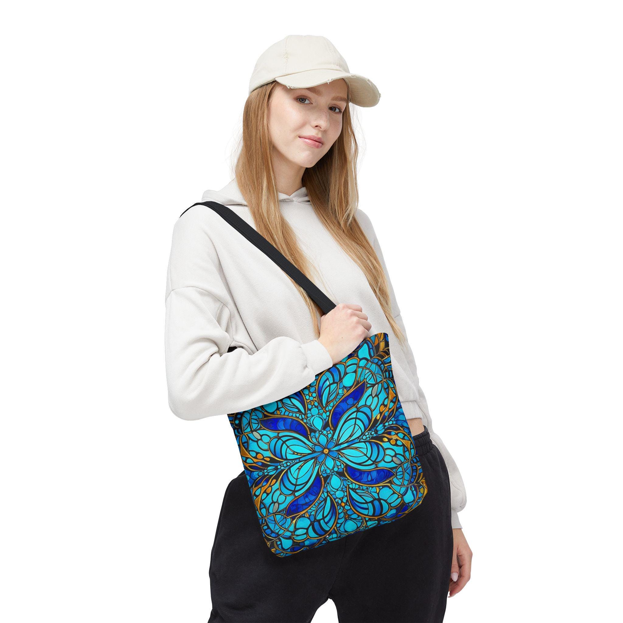 Blue Floral Mandala Tote Bag | Boho Pattern, All-Over Print