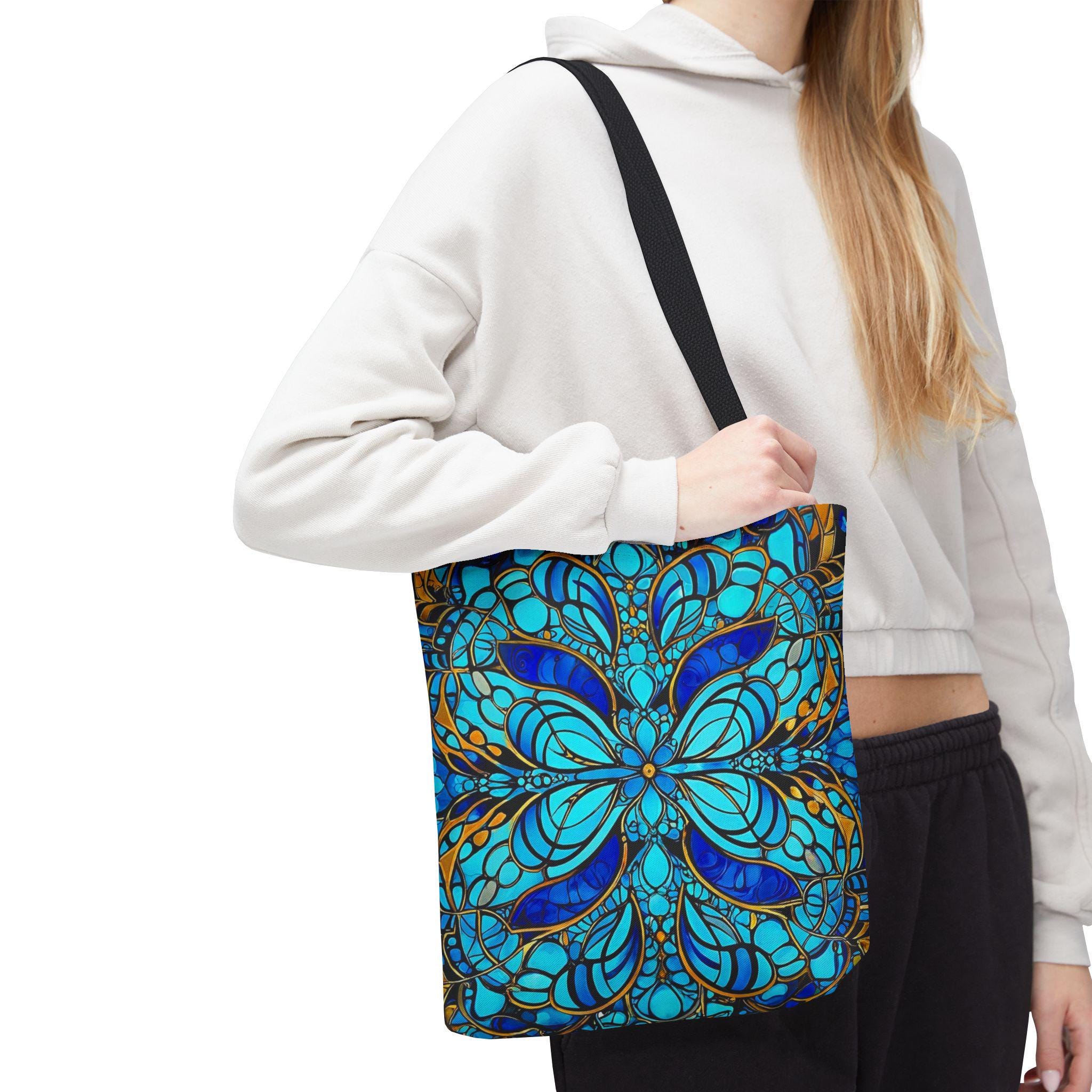 Blue Floral Mandala Tote Bag | Boho Pattern, All-Over Print