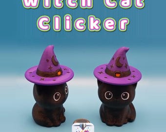 May include: Two black cat figurines wearing purple witch hats with moon and star details, positioned below the text Witch Cat Clicker. A small square logo with a dragon graphic and the text Creatively Cubic is centered below.