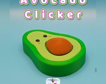 May include: A 3D-printed avocado-shaped clicker toy with a bright green outer shell, a light green interior, and a textured orange pit. The text "Avocado Clicker" appears above in colorful letters, and a "Creatively Cubic" logo is at the bottom.