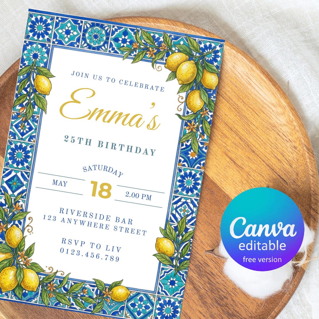 Lemon Birthday Invitation, Amalfi Coast Party Invite, Blue Tile ...