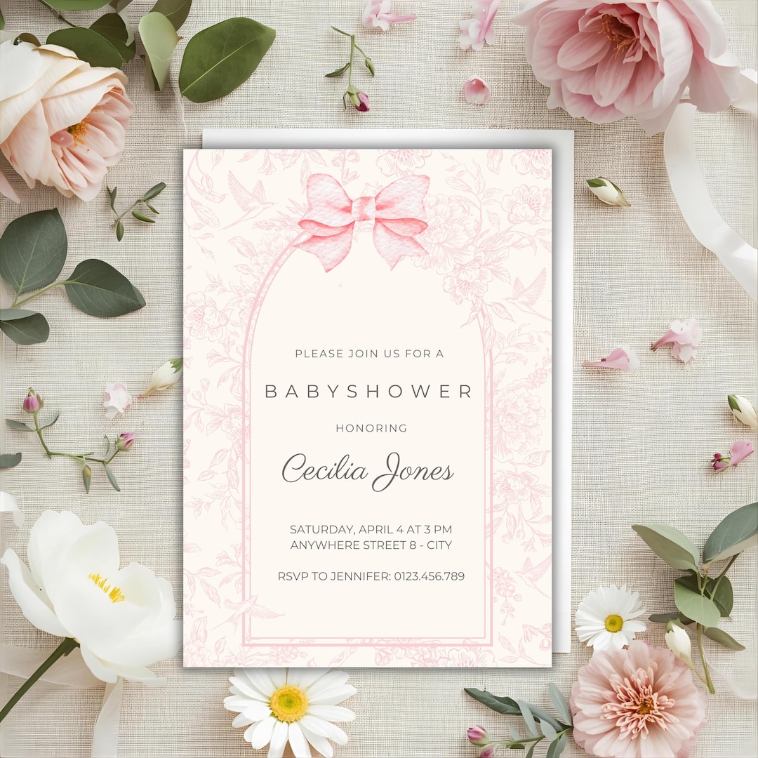 Elegant Pink Baby Shower Invitation Template | Classic Floral Invite ...