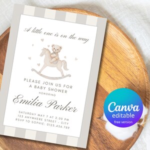 Baby Shower Invitation, Rocking horse,  A Little One on the Way, Neutral Nursery Bear, Editable Canva Template, Classic Grey Stripes,